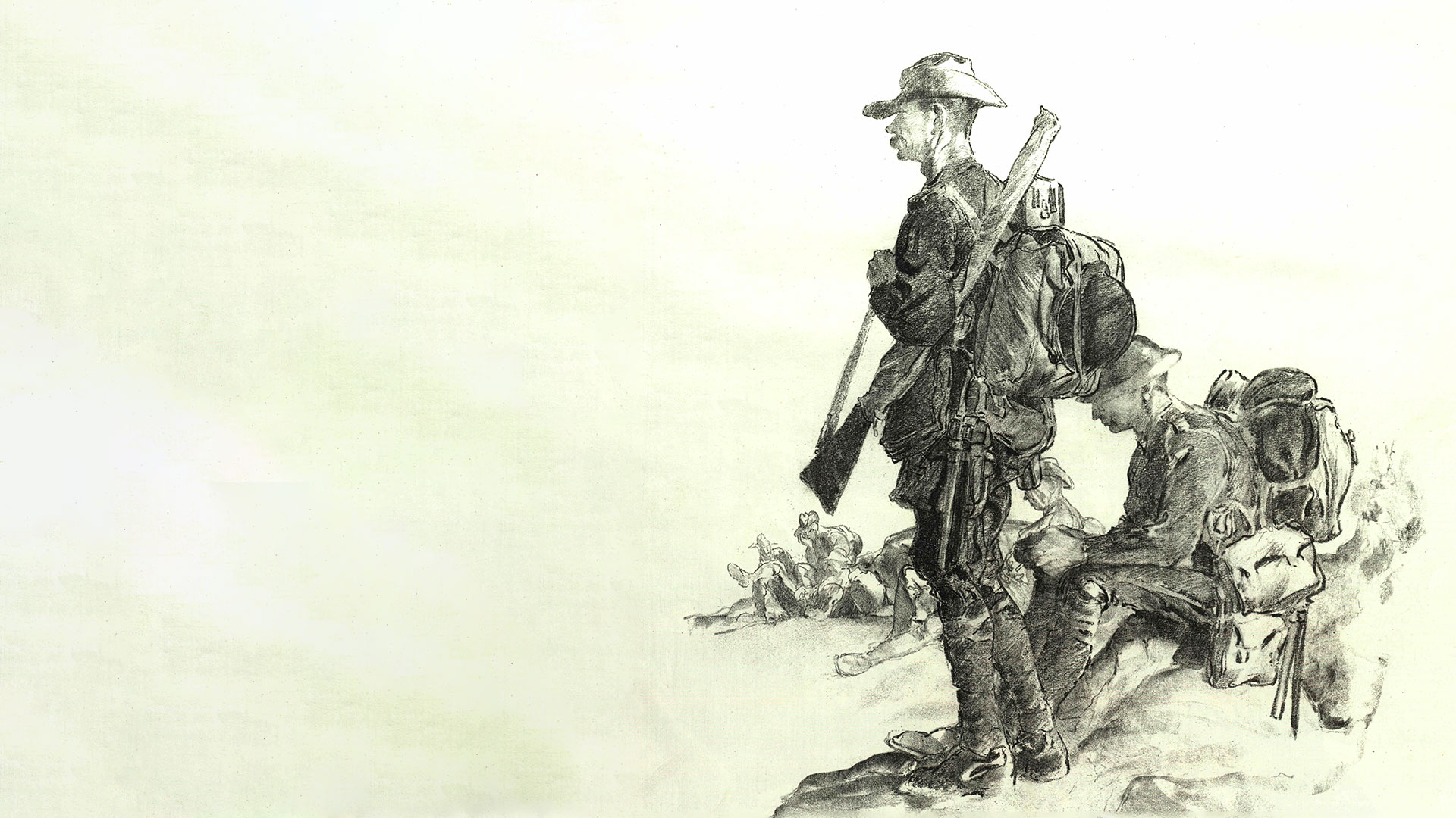 Illustration of WW1 soldiers resting in the field - Dyson 1918