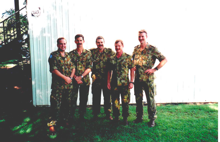 Brigadier Mick Burgess and fellow peacekeeping members in Rwanda