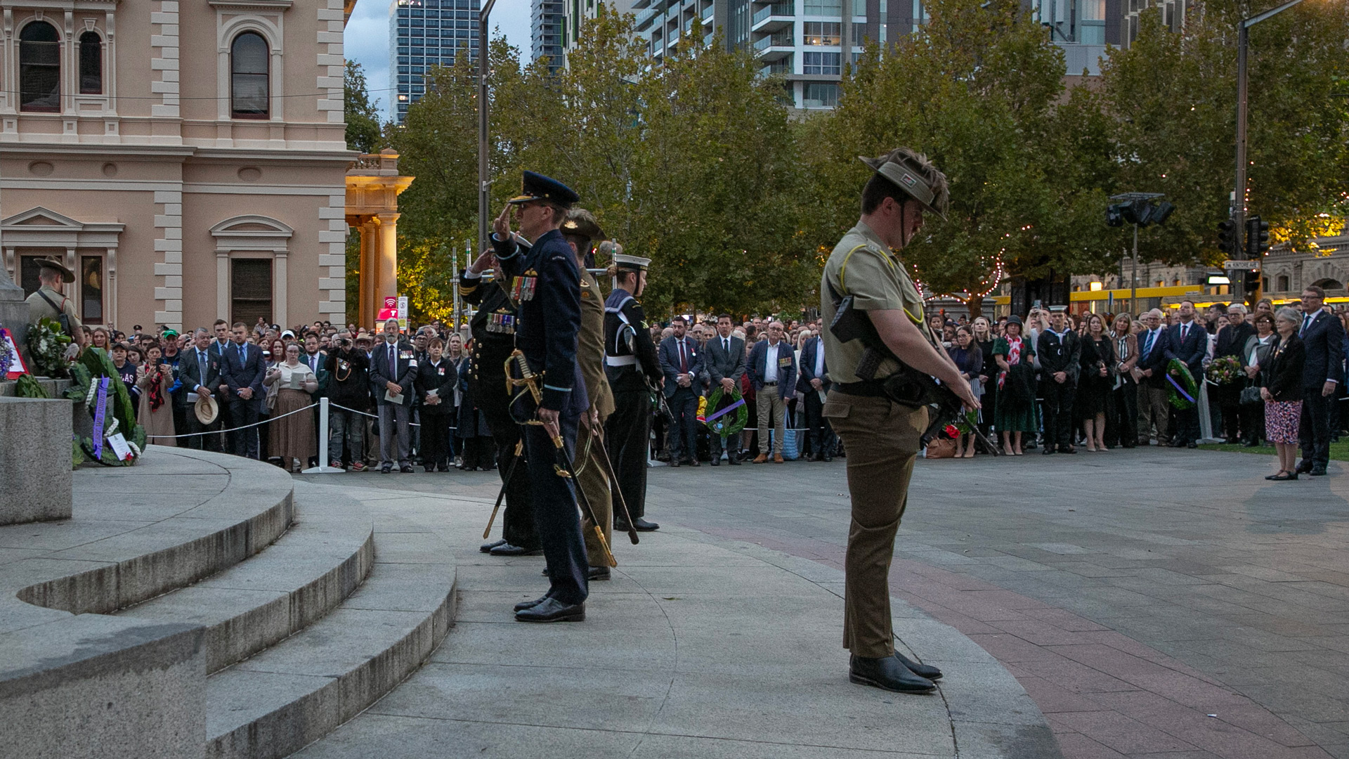 The Senior ADF representatives in South Australia salute after laying wreaths during the Anzac Day Dawn Service held at the South Australian National War Memorial on North Terrace, Adelaide.