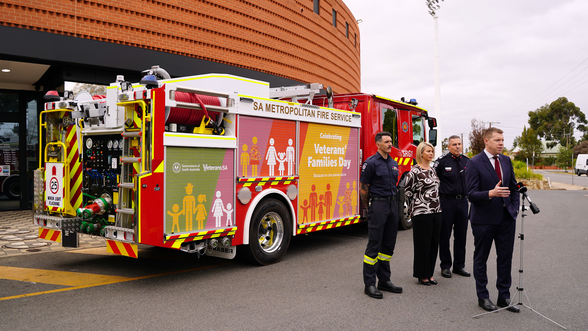 Veterans’ Families Day Morning Tea at the Precinct Miranda van Hooff, Chair of the Veterans’ Advisory Council; Joe Szakacs MP, Minister for Veterans' Affairs; Jackson Haren, veteran and firefighter; and Jeff Swann, Chief Officer of the South Australian Metropolitan Fire Service, attending the Veterans’ Families Day morning tea at the Precinct in Alberton