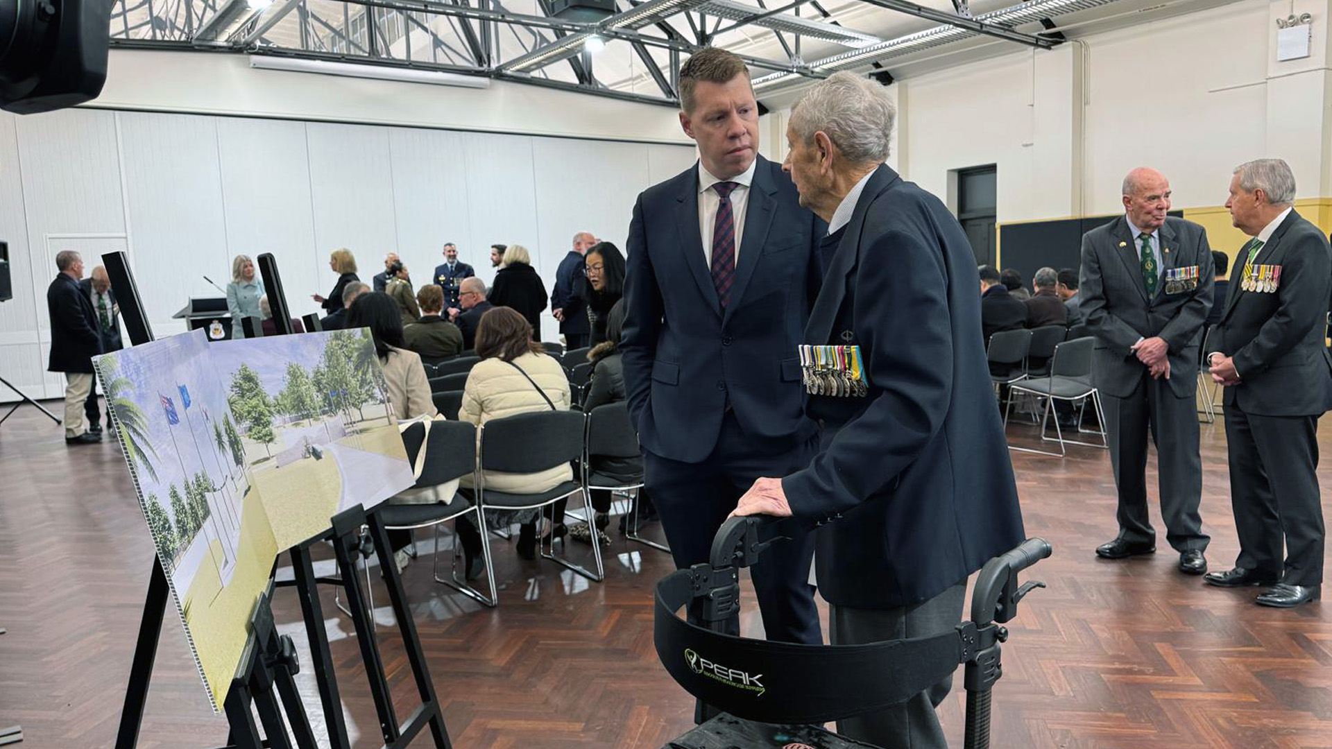 Discussing the funding announcement for the Korean War Memorial are Patrick Forbes MC and Minister for Veterans’ Affair Joe Szakacs MP.