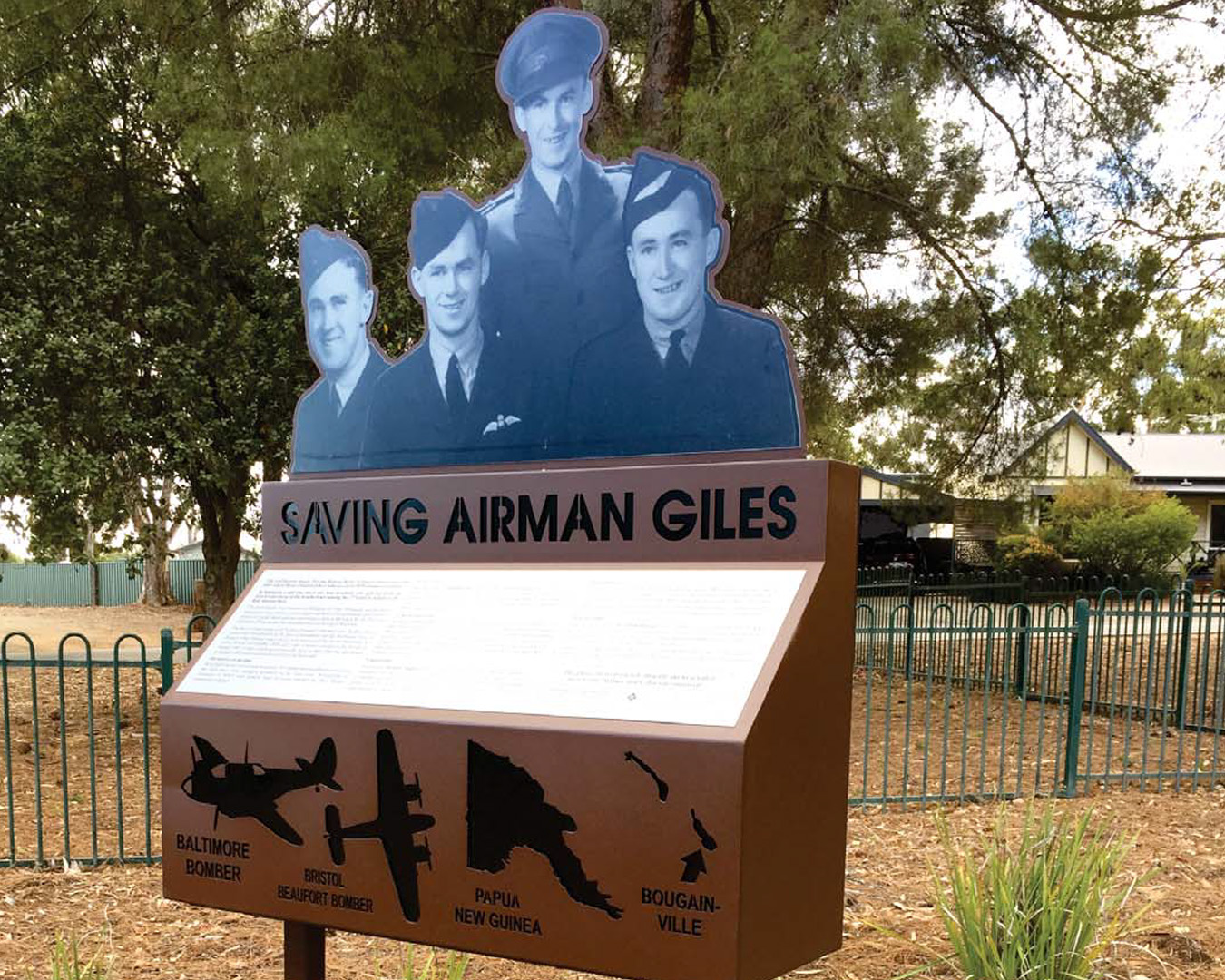 The Saving Airman Giles memorial in Kapunda features photos (from left) of Donald who was the first to have lost his life, then Leslie, Sydney, and finally Colin, who survived.