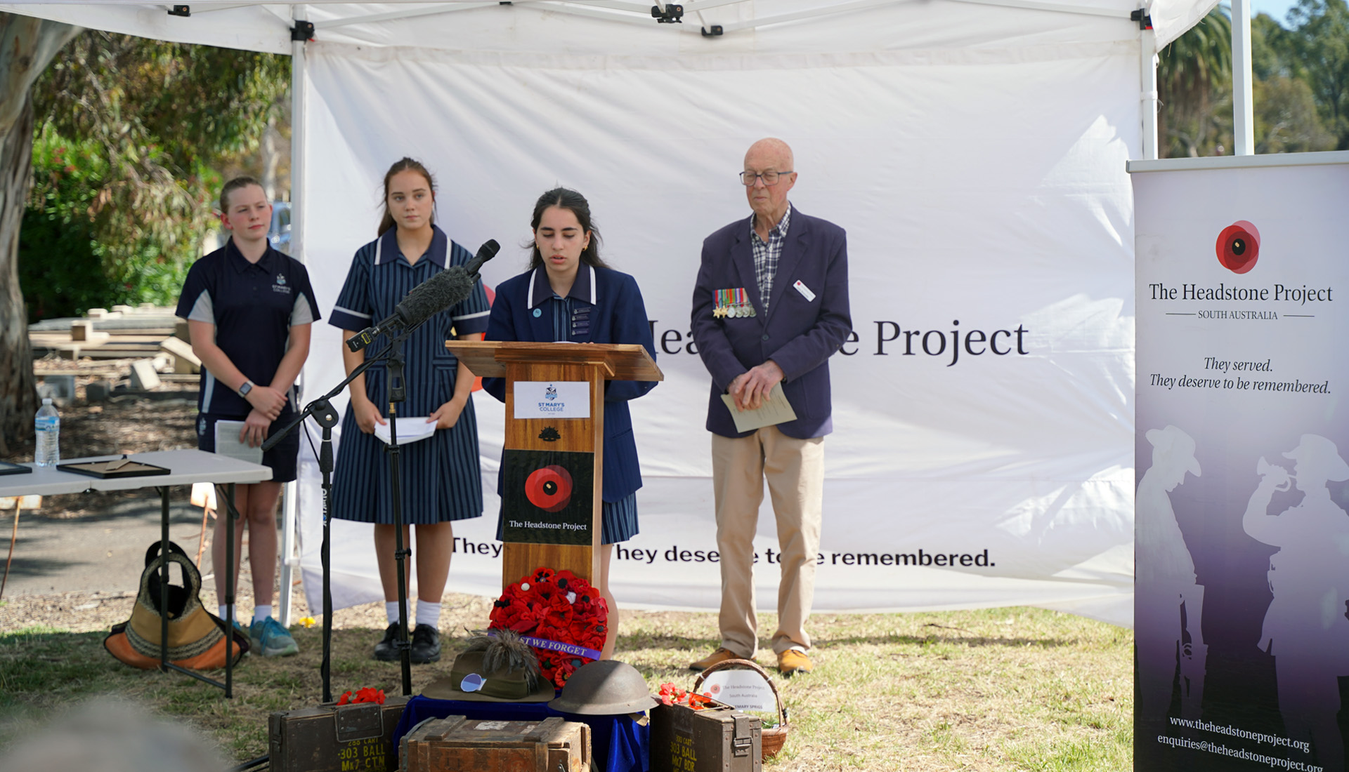 Students from St Mary's College working with the Headstone Project SA at a dedication ceremony honouring World War I veterans