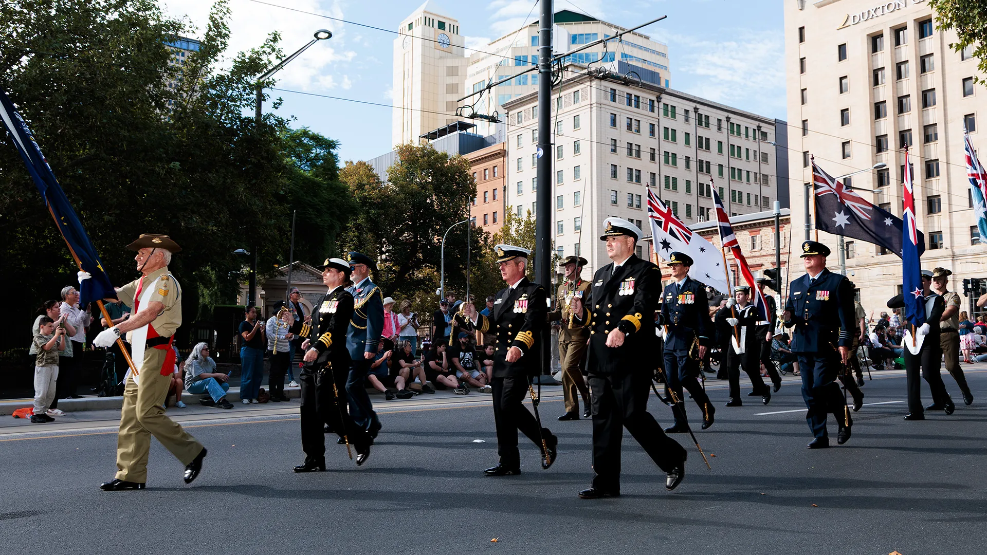 Defence personnel leading the ANZAC Day city march in Adelaide City, South Australia.