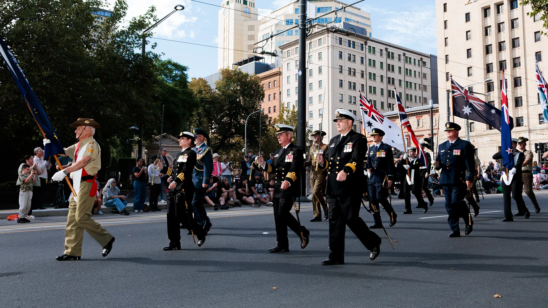 Defence personnel leading the ANZAC Day city march in Adelaide City, South Australia.
