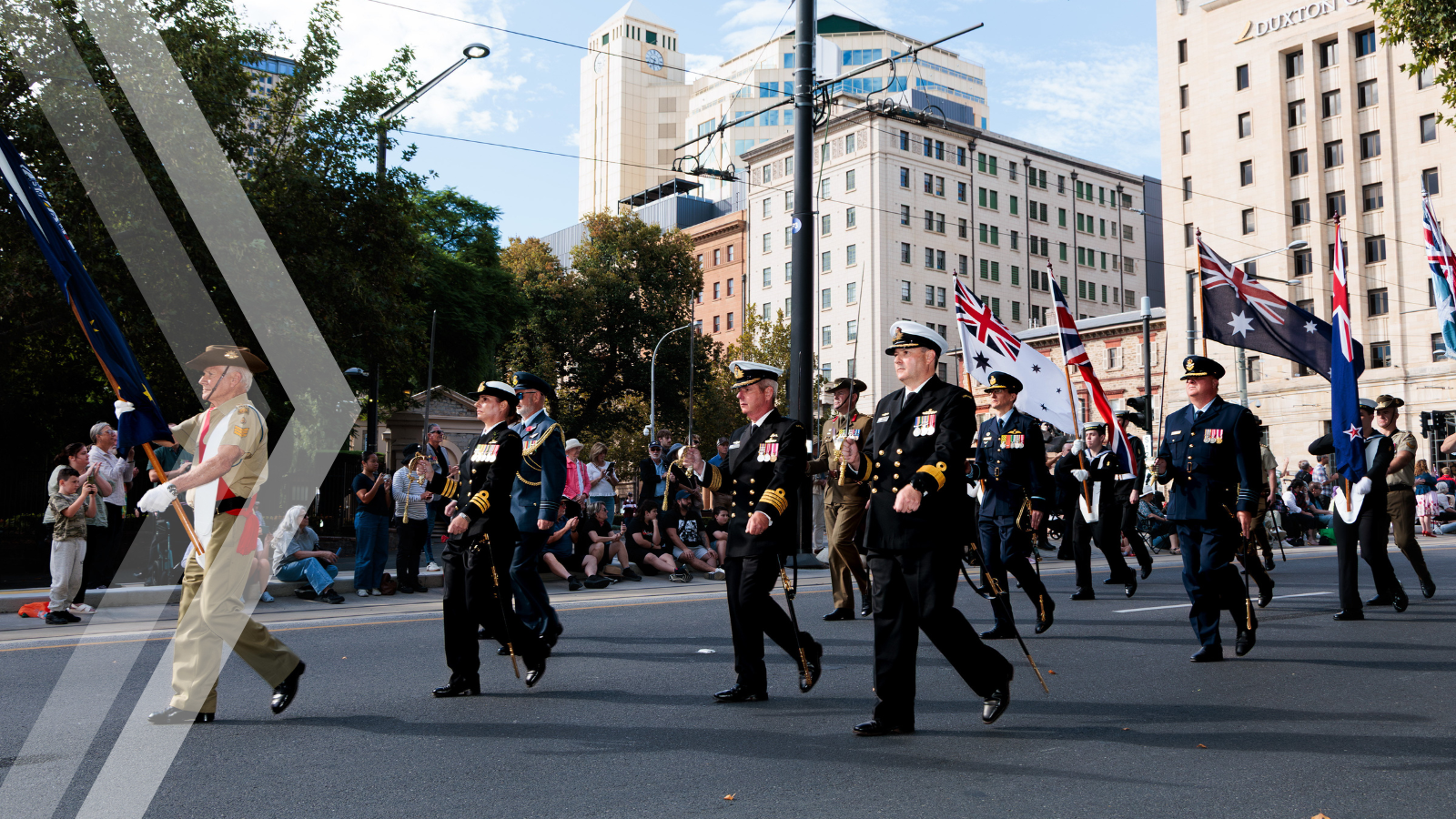Defence personnel leading the ANZAC Day city march in Adelaide City, South Australia.